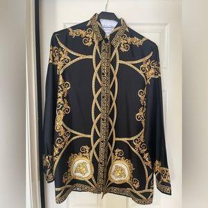 Versace Black Gold Silk Baroque Print Shirt 40